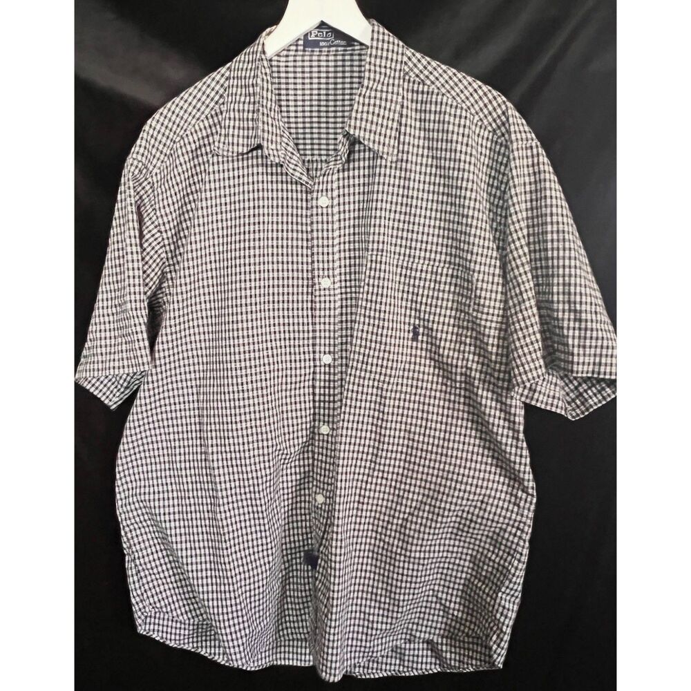 Vintage Ralph Lauren Polo Blue White Checked Button Down Short Sleeve Men's XL